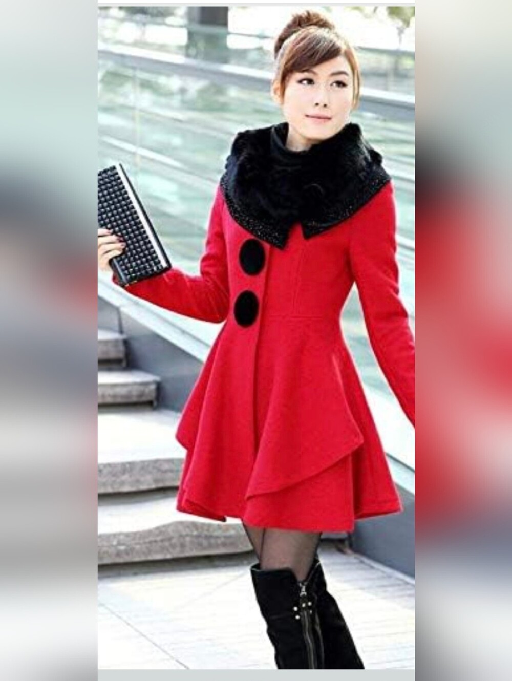 Elegant Red Women's Coat with Black Fur Collar